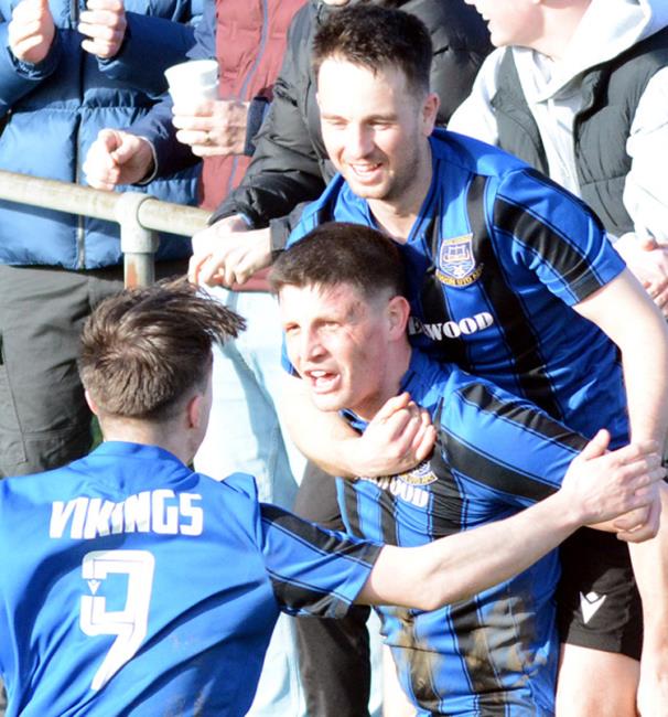 Central midfielder Jack Britton celebrates scoring for Hakin United at Phoenix Park. Picture Gordon Thomas